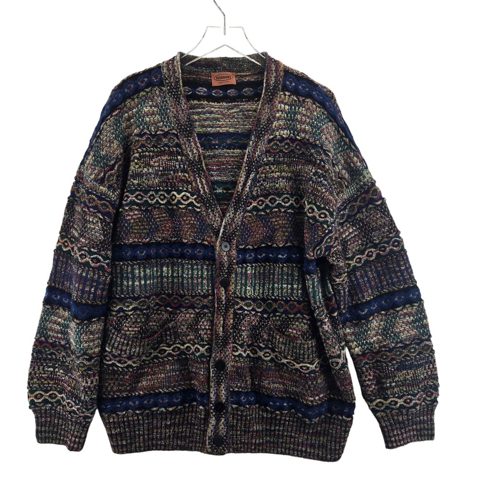 Missoni Italy Mens Wool Mohair Abstract Multi Color Knit Cardigan Sweater L XL